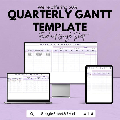 Quarterly Gantt Chart Template | Project Timeline Planner | Task Tracking Spreadsheet | Project Management Template | Editable Gantt