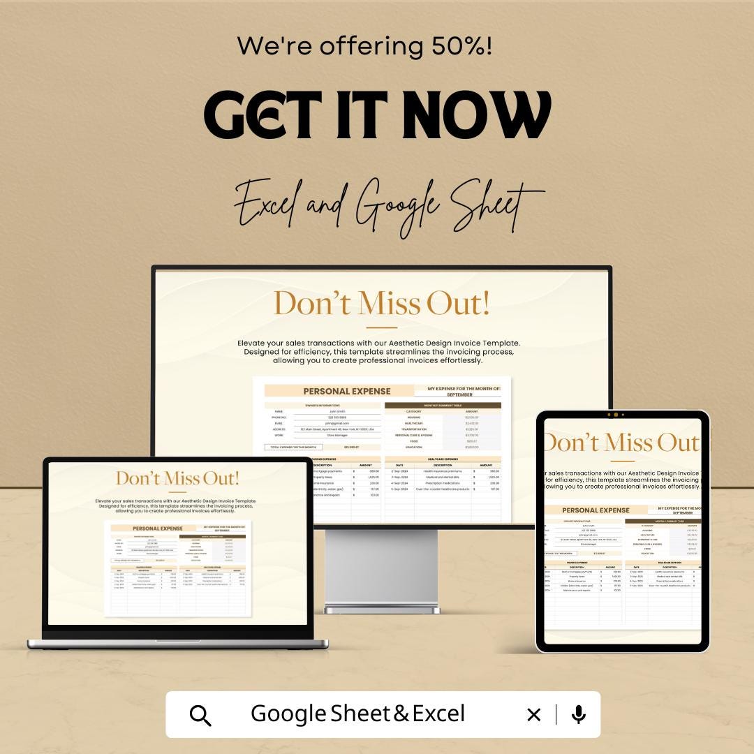 Aesthetic Design Invoice Template - Excel and Google Sheet, Professional Billing, Customizable, Track Expenses & Payments