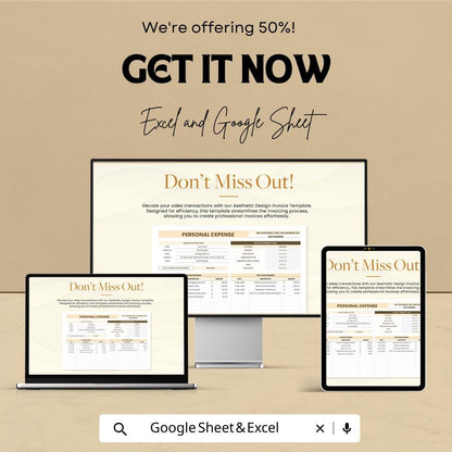 Aesthetic Design Invoice Template - Excel and Google Sheet, Professional Billing, Customizable, Track Expenses & Payments