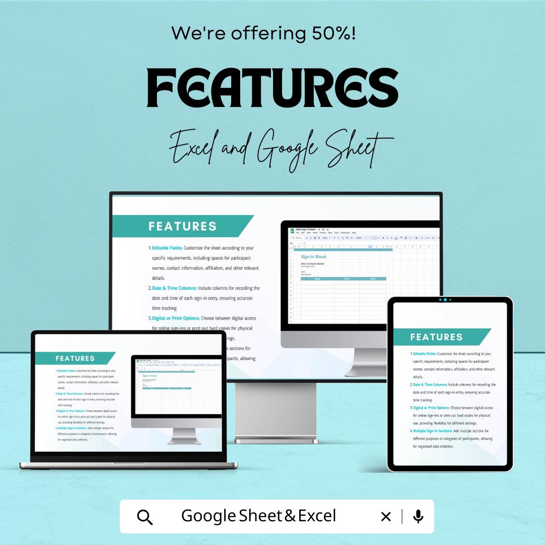 Blank Sign-In Sheet for Excel & Google Sheets – Customizable Template | Digital Download – 50% OFF