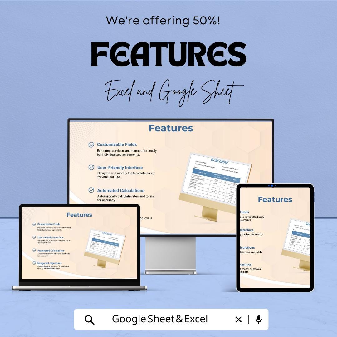 Work From Home Service Order Sheet | Google Sheets & Excel | Remote Work Agreement Template | Editable Work Order Form | Freelancer Invoice
