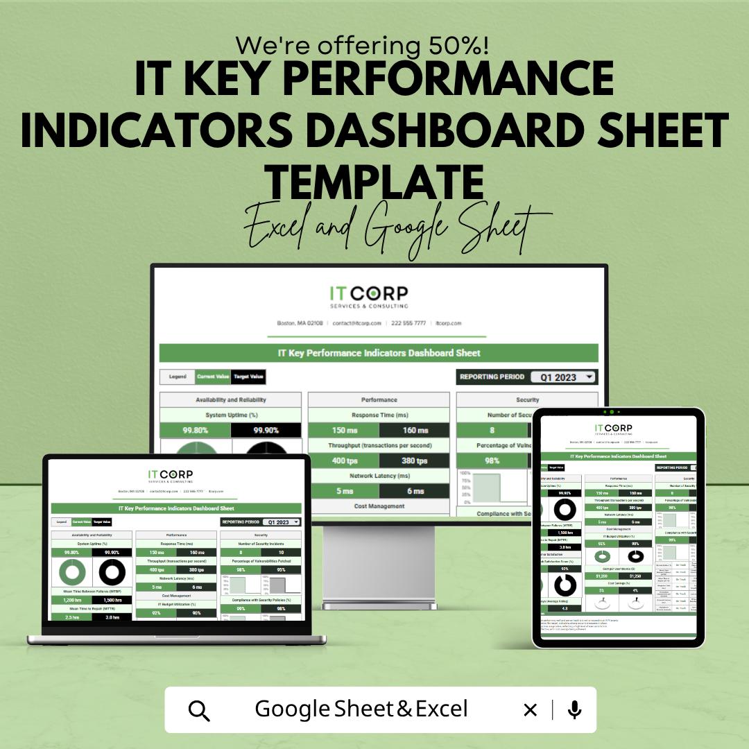 IT KPI Dashboard Template | Key Performance Indicators Tracker | IT Performance Dashboard | Business Metrics Spreadsheet
