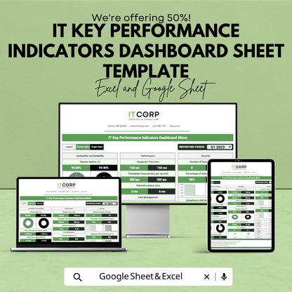 IT KPI Dashboard Template | Key Performance Indicators Tracker | IT Performance Dashboard | Business Metrics Spreadsheet