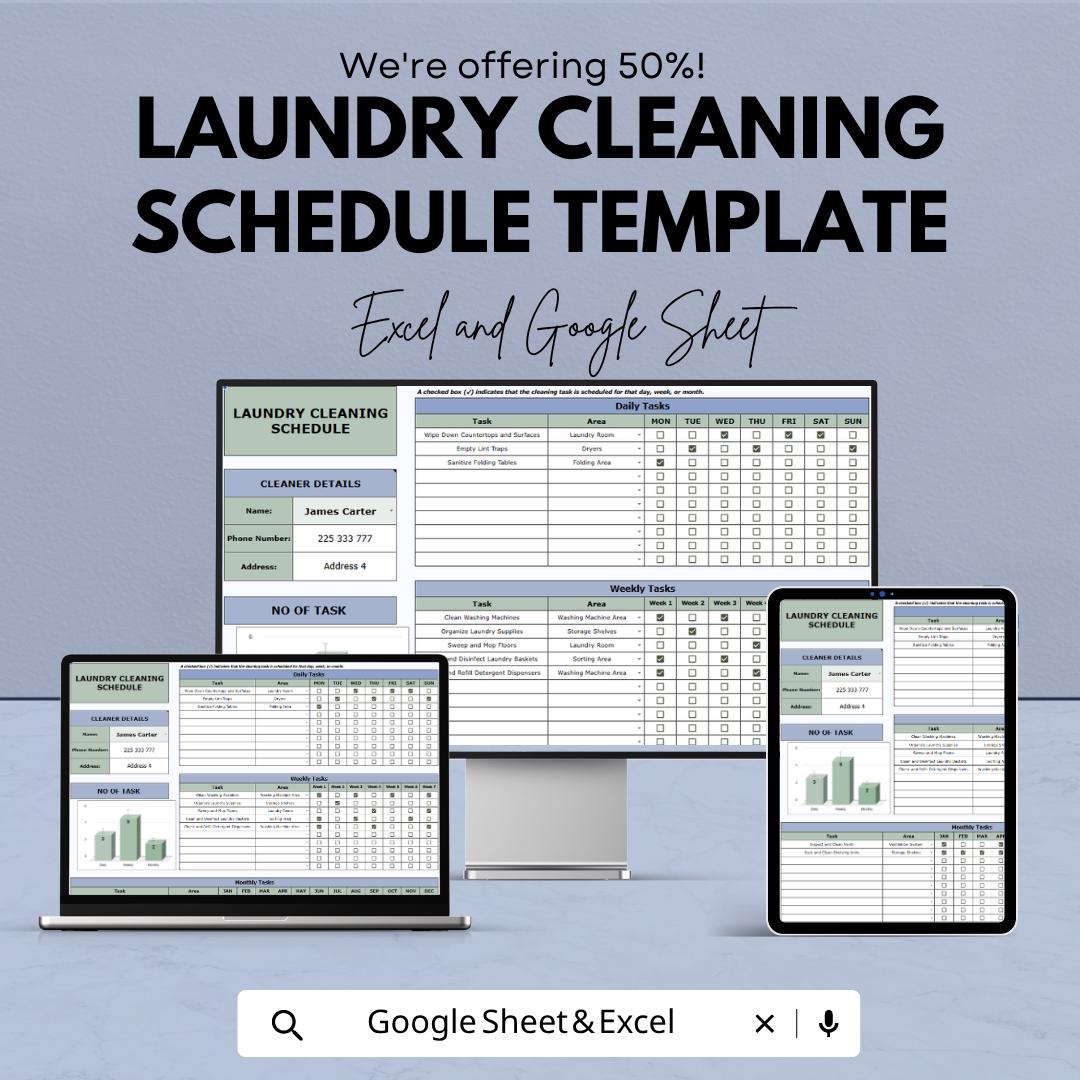 Laundry Cleaning Schedule Template | Cleaning Checklist Spreadsheet | Housekeeping Planner | Laundry Tracker