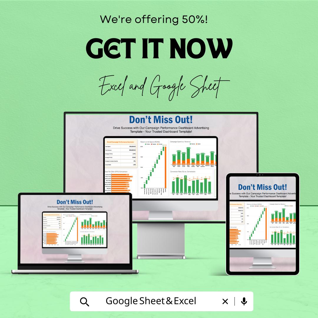 Campaign Performance Dashboard Advertising Template | Data Analysis, ROI Tracker, Campaign Performance | Instant Download