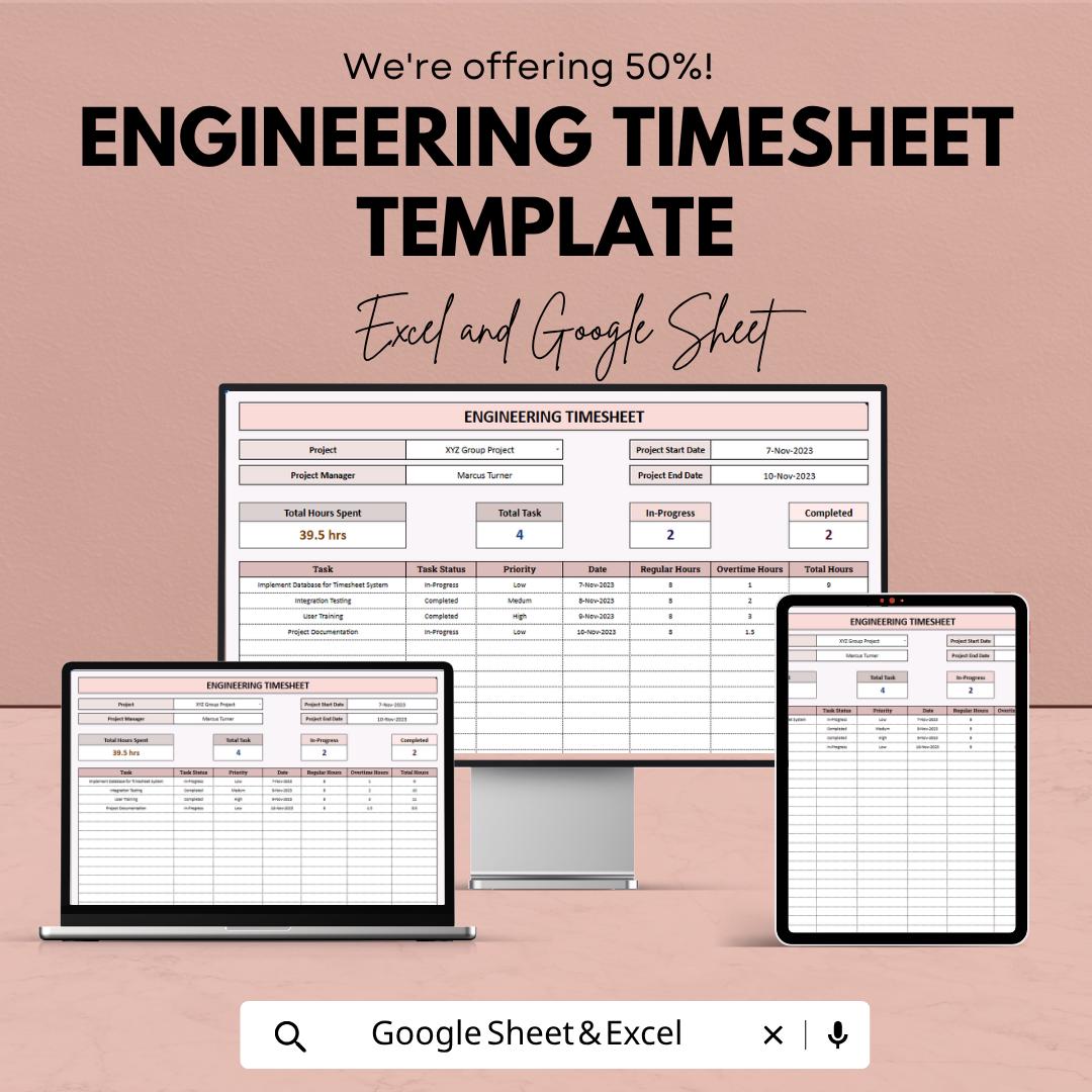 Engineering Timesheet Template | Project Time Tracking Spreadsheet | Task Management Log | Payroll Tracker