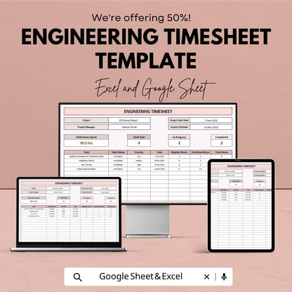 Engineering Timesheet Template | Project Time Tracking Spreadsheet | Task Management Log | Payroll Tracker