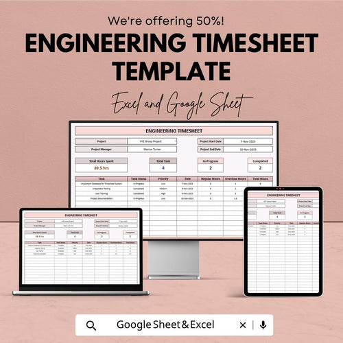 Engineering Timesheet Template | Project Time Tracking Spreadsheet | Task Management Log | Payroll Tracker