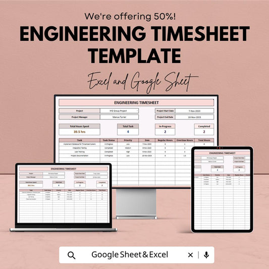 Engineering Timesheet Template | Project Time Tracking Spreadsheet | Task Management Log | Payroll Tracker