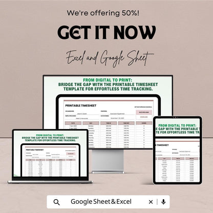 Printable Timesheet Template - Editable Excel & Google Sheet for Easy Time Tracking