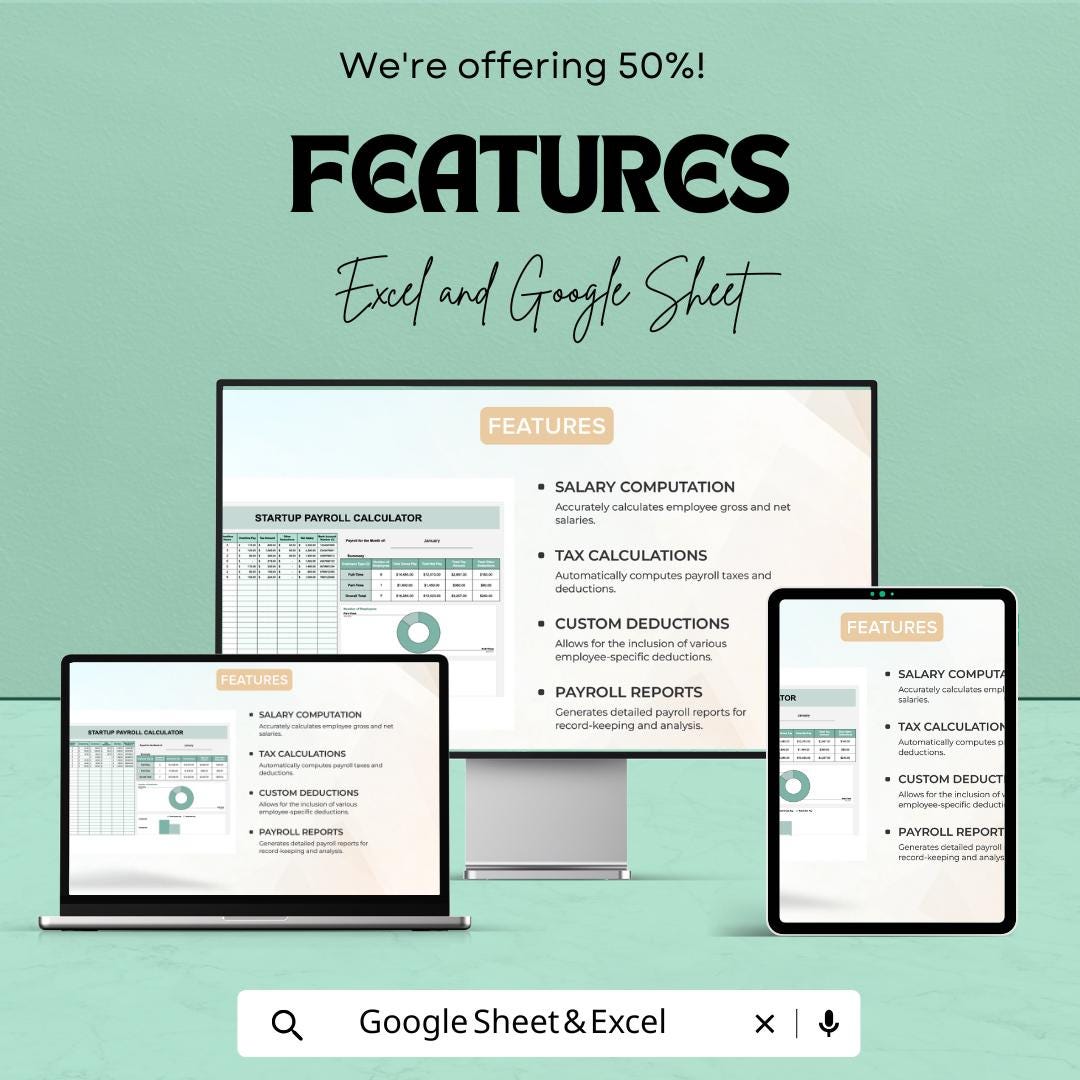 Startup Payroll Calculator Sheet | Excel and Google Sheets Template | Salary, Deductions & Taxes Tracker | 50% OFF
