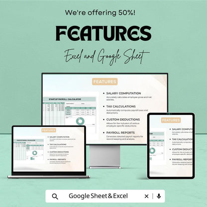 Startup Payroll Calculator Sheet | Excel and Google Sheets Template | Salary, Deductions & Taxes Tracker | 50% OFF