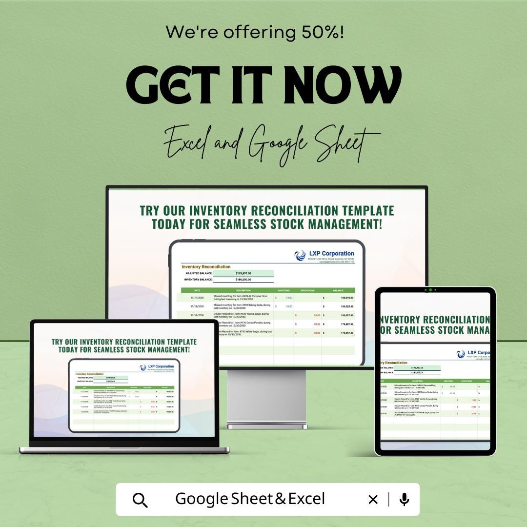 Inventory Reconciliation Template | Excel & Google Sheets Stock Reconciliation Spreadsheet | Inventory Audit Tracker | Stock Adjustment Log