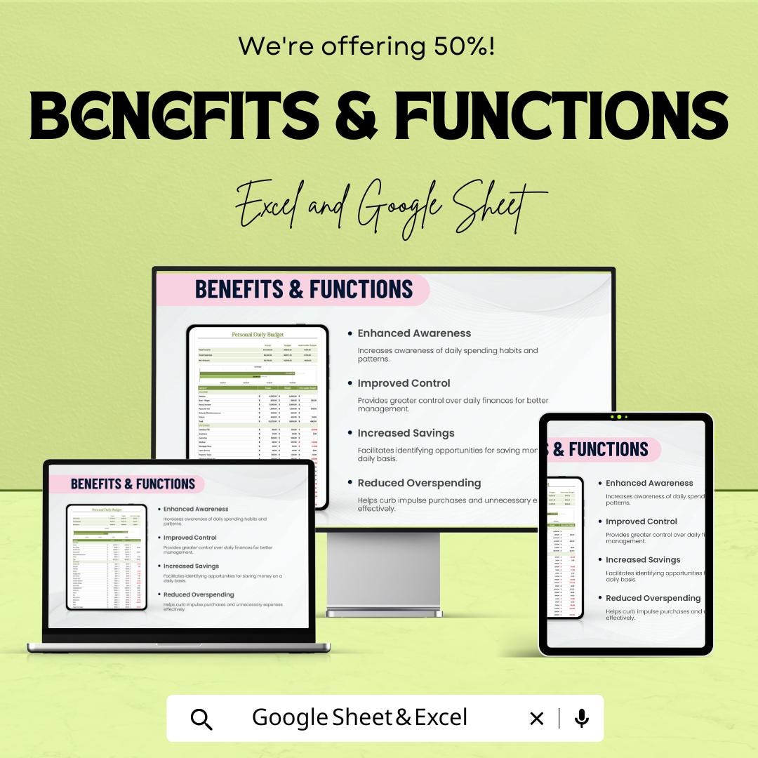 Personal Daily Budget Template - Excel & Google Sheets - Daily Expense Tracker - Financial Planner - Budgeting Tool