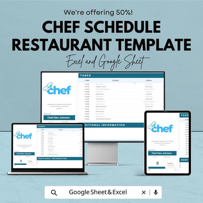 Chef Schedule Template | Restaurant Staff Schedule Spreadsheet | Kitchen Task Planner | Excel & Google Sheets | Restaurant Shift Planner