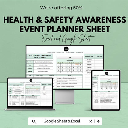 Health & Safety Awareness Event Planner Sheet | Google Sheet | Event Planning Template | Health Safety Management | Google Sheets and Excel