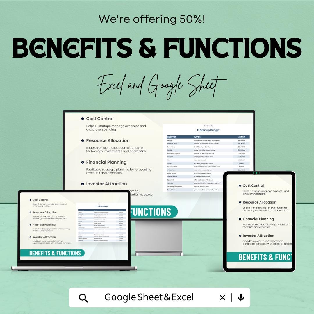 IT Startup Budget Template Excel | Startup Financial Planning Spreadsheet | Tech Business Budget Tracker | Expense & Cost Planning