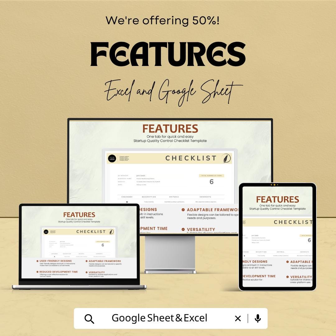 Quality Control Checklist Template | Startup QA Checklist | Inspection Checklist Spreadsheet | Quality Assurance Tracker