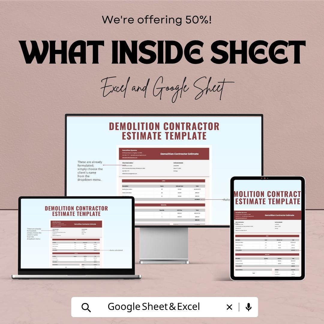 Demolition Estimate Template Excel | Contractor Estimate Spreadsheet | Construction Quote Template | Google Sheets Invoice | Project Cost