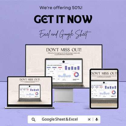 Legal Case Closure Dashboard Sheet | Google Sheets & Excel Template | Legal Case Management Tool | Track and analyze Legal Cases |