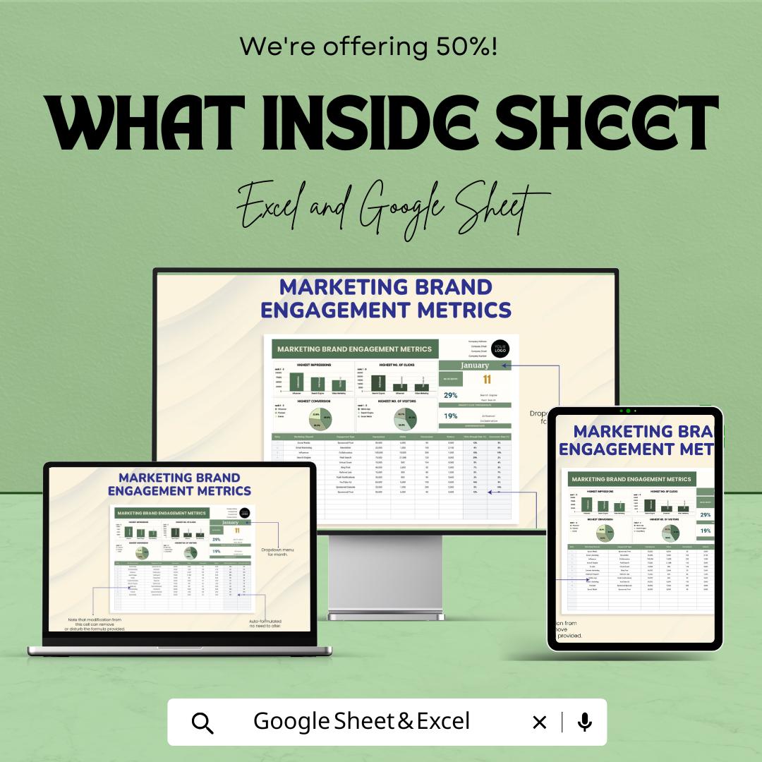 Marketing Brand Engagement Metrics Sheet | Google Sheets for Tracking Metrics, Impressions, Clicks, Conversions | Marketing Dashboard
