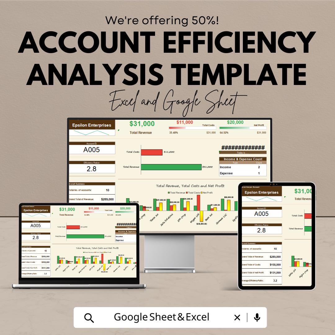 Account Efficiency Analysis Template | Finance Dashboard | Business Performance Tracker | Income Expense Report Template