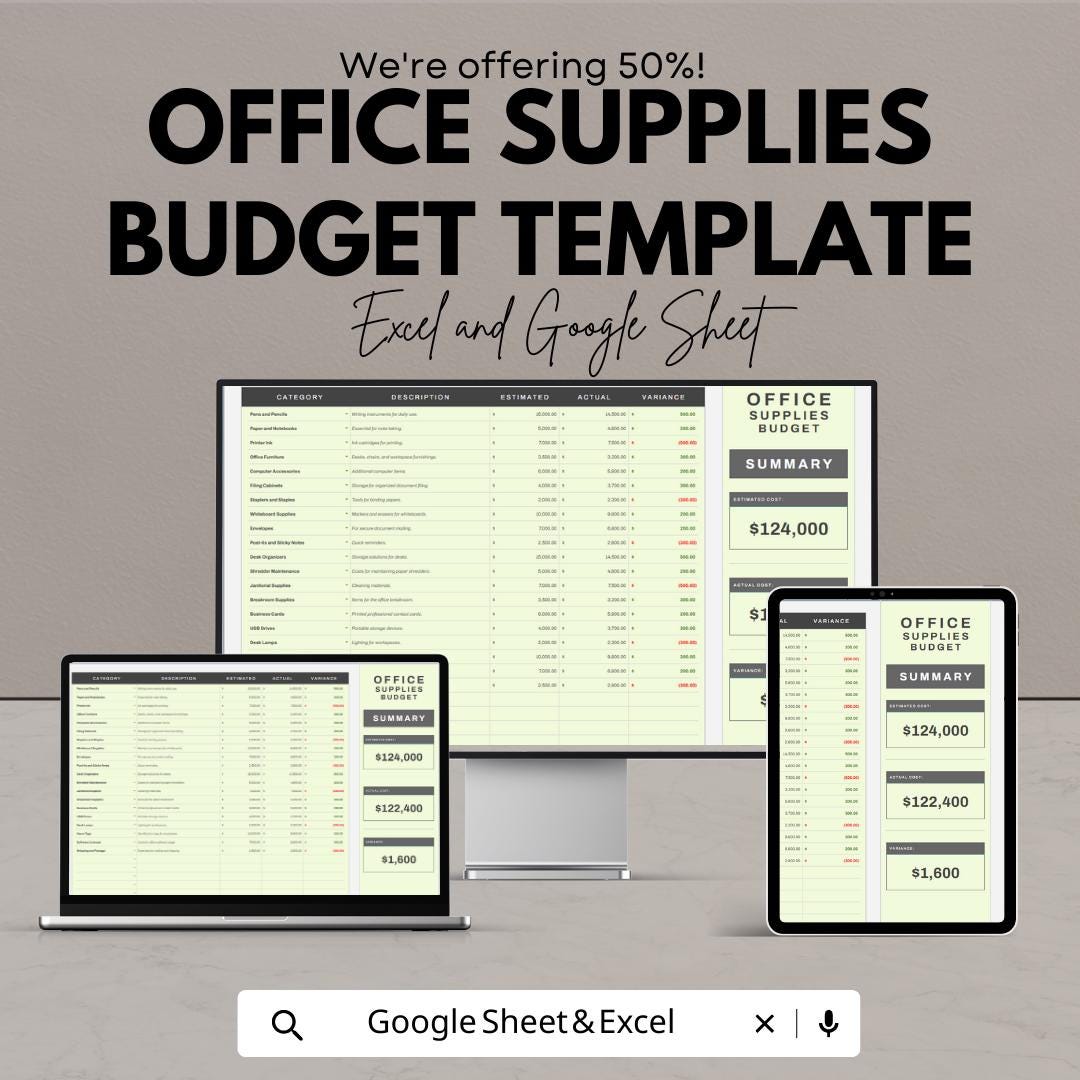 Office Supplies Budget Template | Office Expense Tracker | Budget Spreadsheet | Excel & Google Sheets