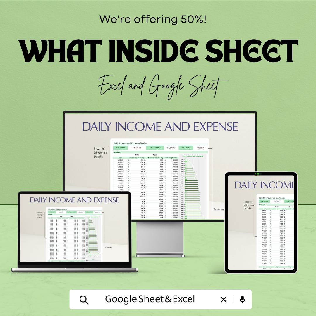 Daily Income and Expense Tracker | Google Sheets & Excel Budget Template | Small Business Finance Spreadsheet | Editable Money Tracker