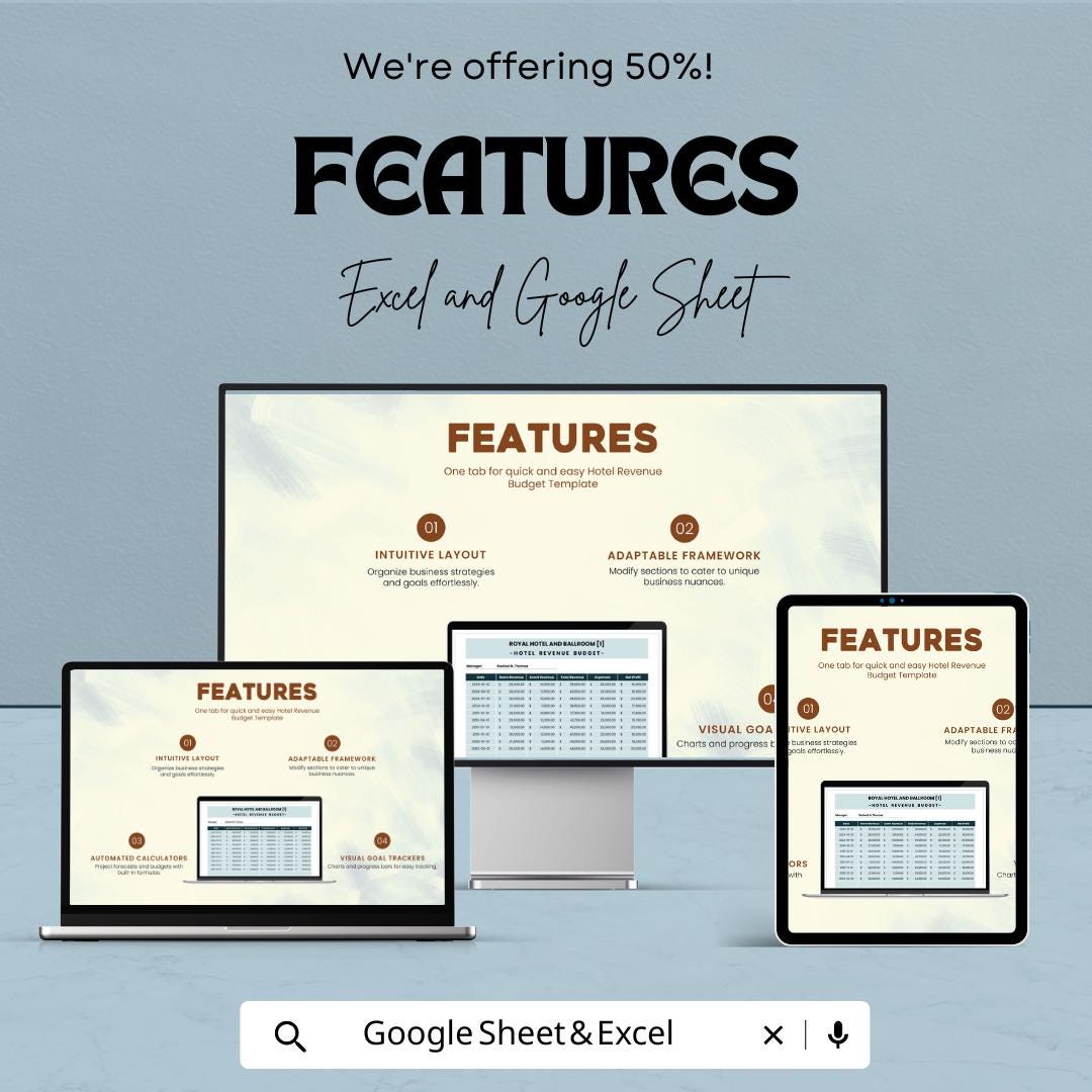 Hotel Revenue Budget Sheet – Excel & Google Sheets – Efficient Financial Planning for Hotels – 50% OFF