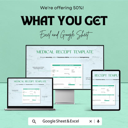 Medical Receipt Template - Editable Excel & Google Sheets - Patient Billing, Invoice Tracker, Medical Report Form