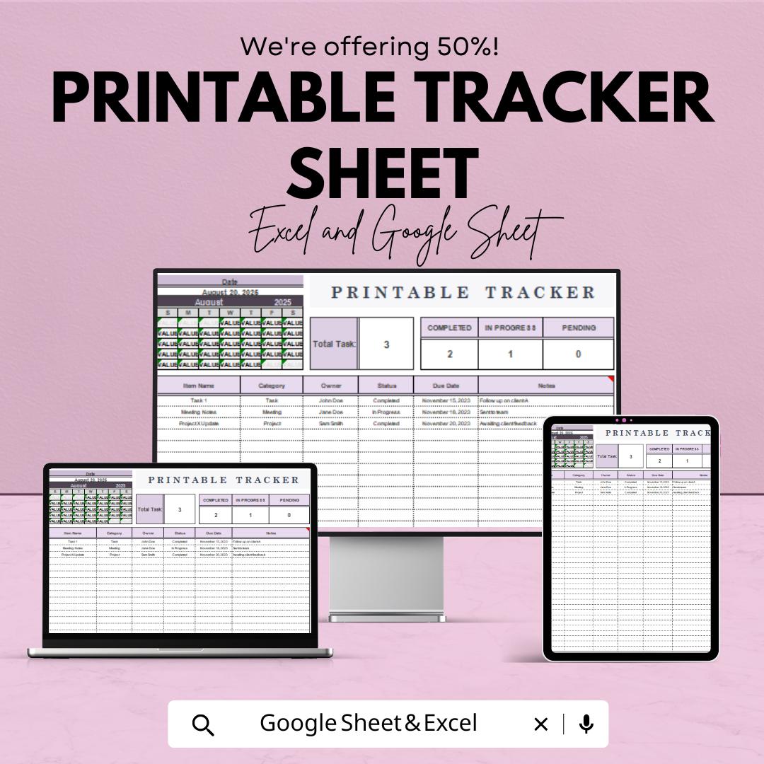 Printable Tracker Sheet - Task and Goal Tracker Template, Excel & Google Sheets, Printable Planner for Organizing Tasks and Deadlines