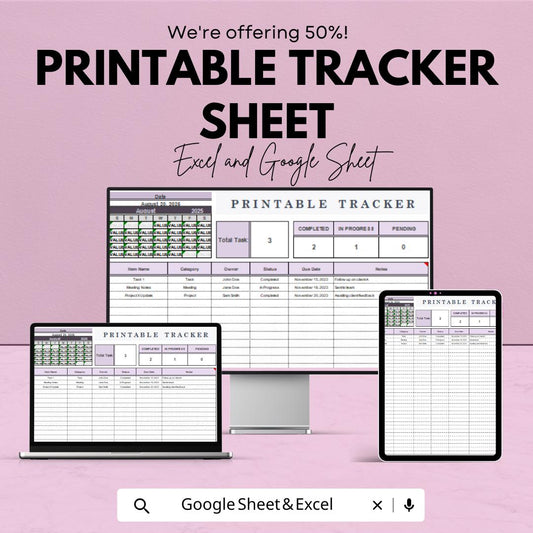 Printable Tracker Sheet - Task and Goal Tracker Template, Excel & Google Sheets, Printable Planner for Organizing Tasks and Deadlines
