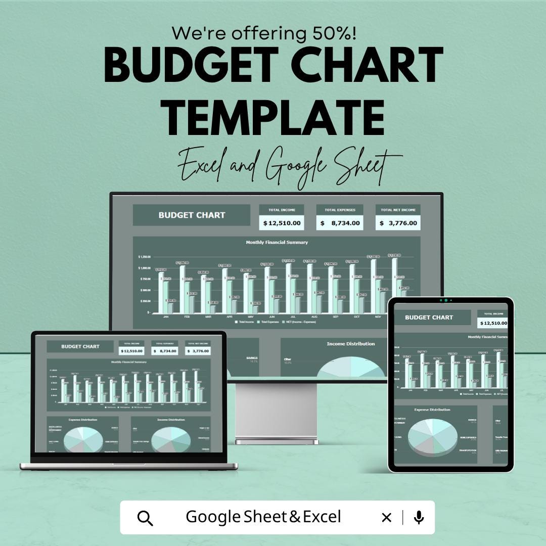 Budget Chart Template | Budget Spreadsheet | Monthly Budget Planner Template | Excel & Google Sheets | Income Expense Tracker