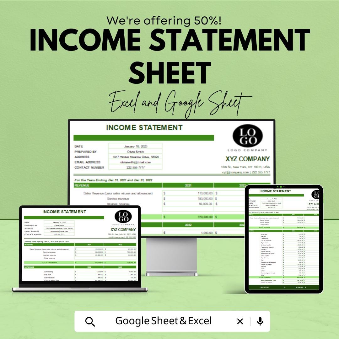 Income Statement Sheet | Excel & Google Sheet Template for Financial Reporting | 50% Off Now