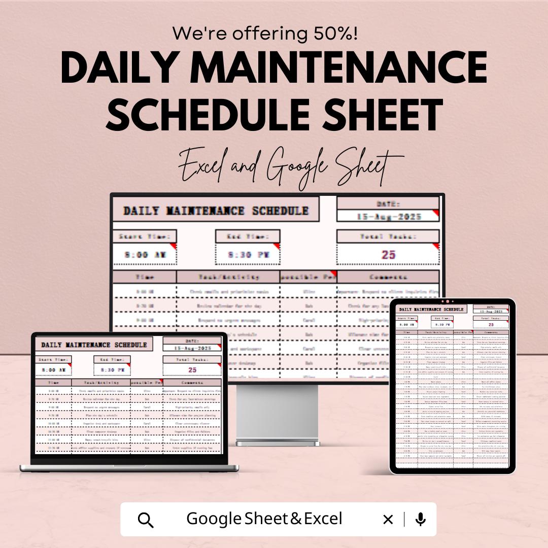 Daily Maintenance Schedule Template | Excel & Google Sheets | 50% OFF
