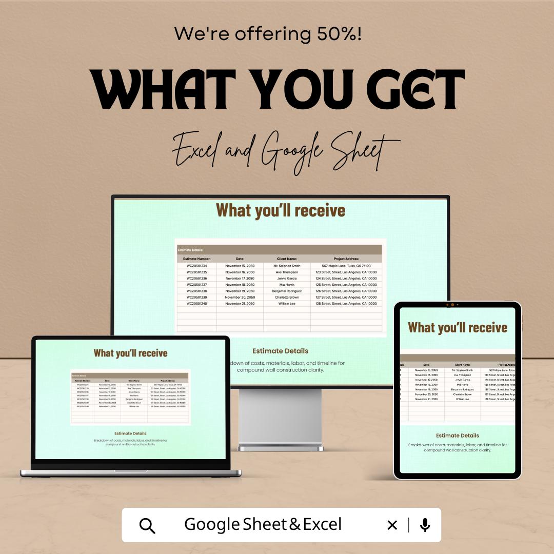 Compound Wall Estimate Template | Construction Cost Estimate Spreadsheet | Contractor Quote Template | Excel & Google Sheets Builder Tool