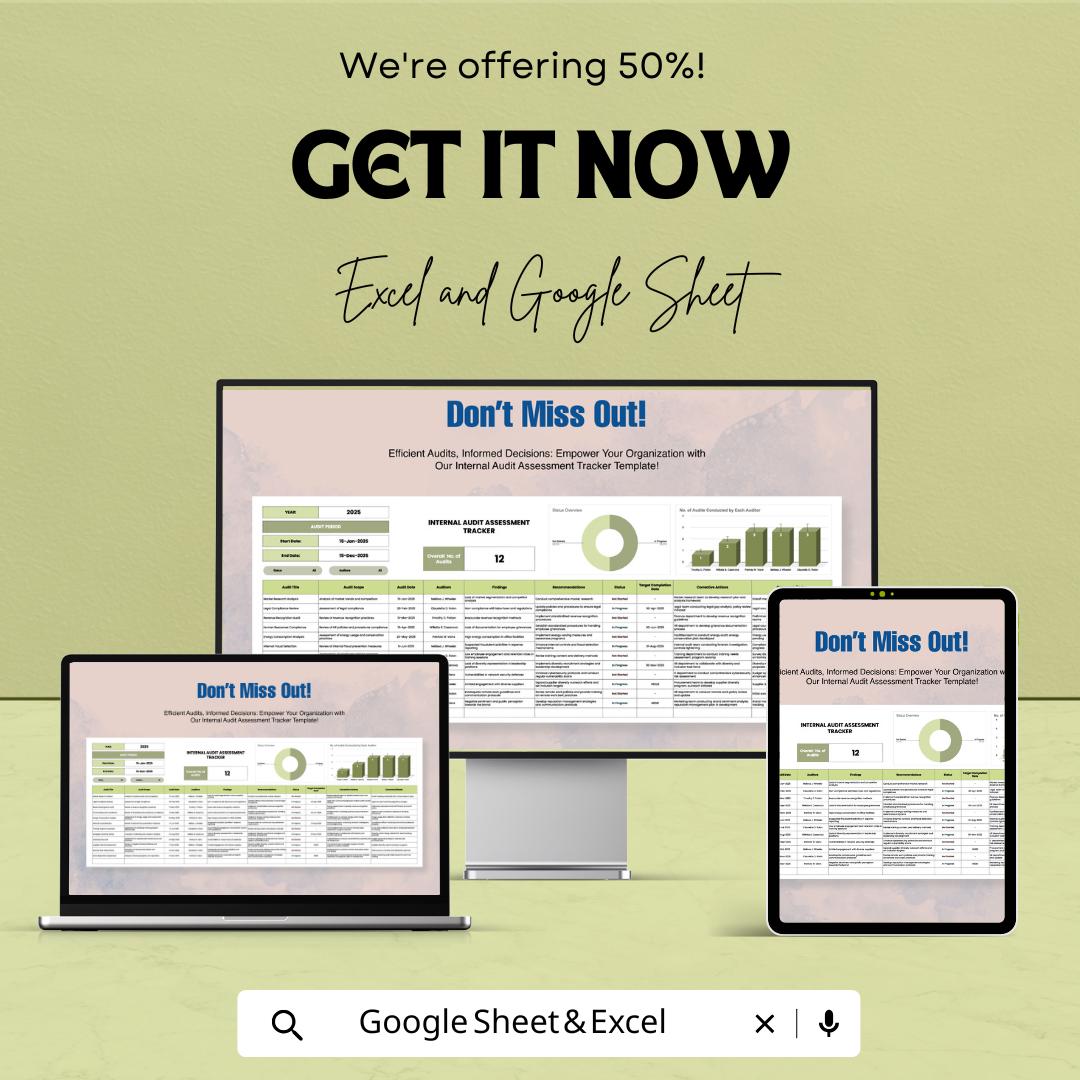 Internal Audit Assessment Tracker Template, Audit Log Spreadsheet, Compliance Audit Tracker, Risk Assessment Tool, Excel Google Sheets