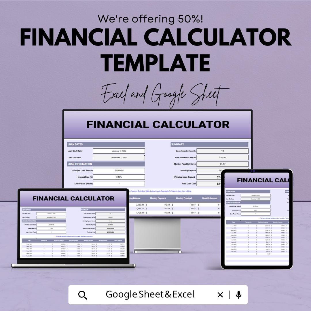 Financial Calculator Template | Loan Payment Spreadsheet | Interest Calculator Sheet | Loan Amortization Tracker | Finance Planner Tool