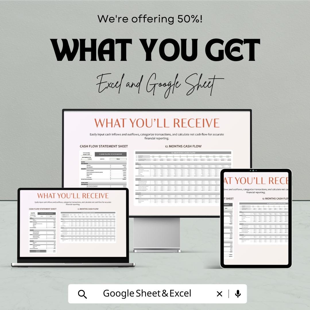 Cash Flow Statement Sheet - Excel and Google Sheets | Track Business Income and Expenses | Budget & Financial Planning