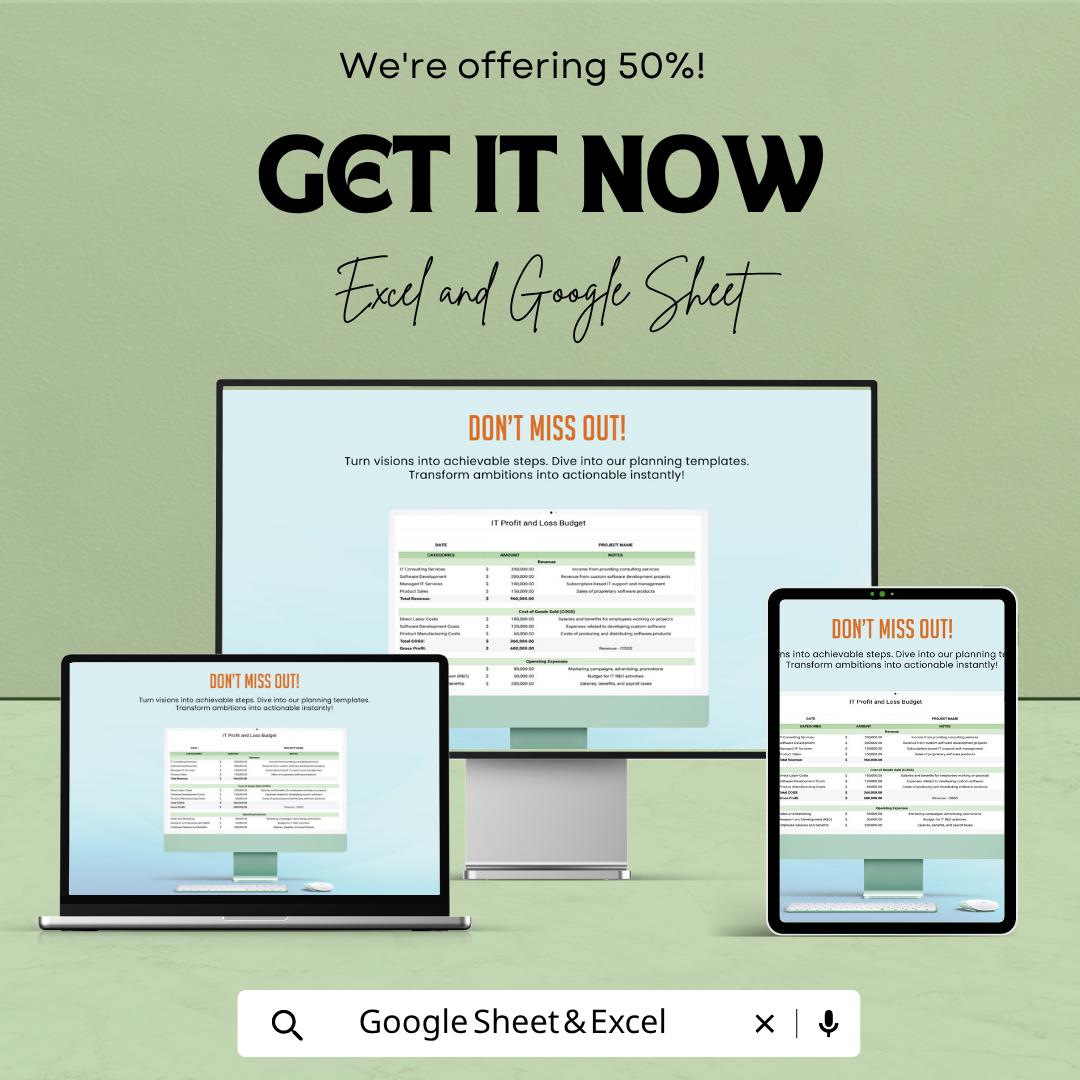 IT Profit and Loss Template | Profit and Loss Statement | Business Budget Spreadsheet | Financial Planning Tracker