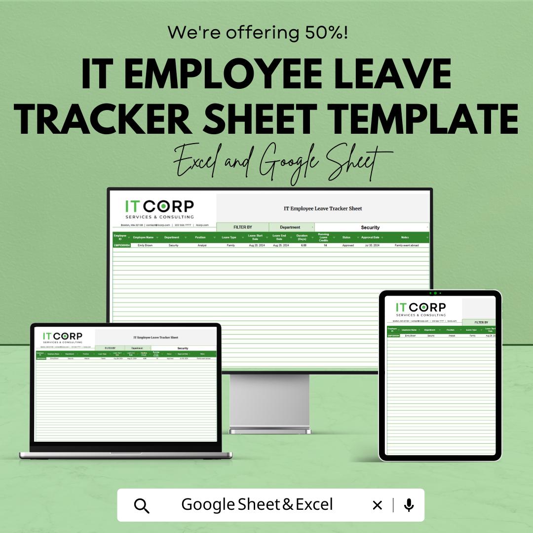 IT Employee Leave Tracker Template, PTO Tracking Spreadsheet, Staff Leave Management Sheet, HR Leave Planner, Excel Google Sheets
