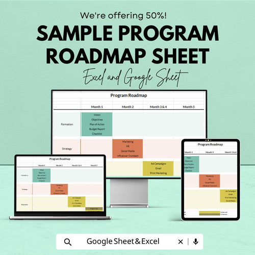 Sample Program Roadmap Sheet | Excel and Google Sheets Template | Project Planning & Strategy Management | Monthly Milestones