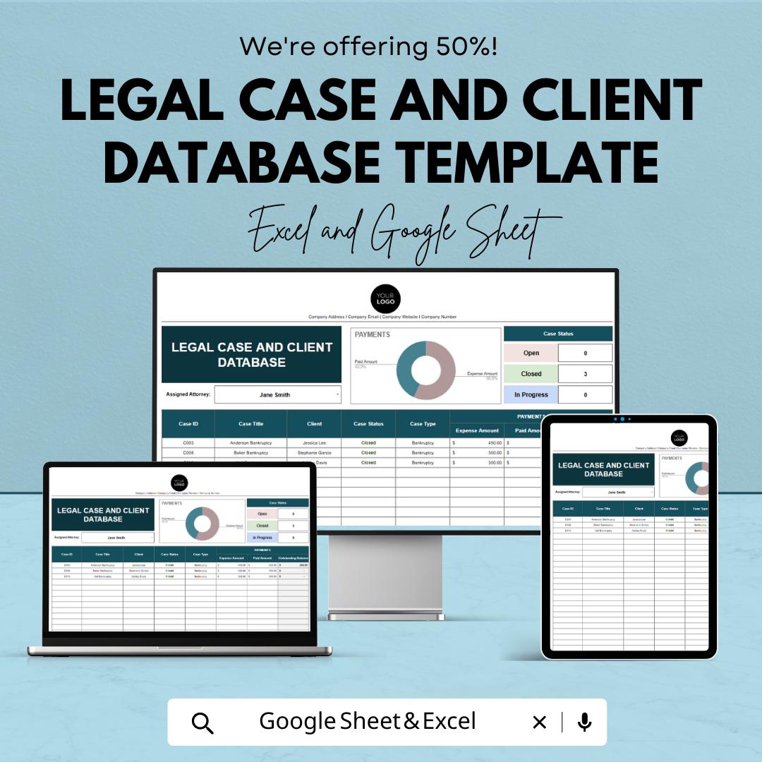 Legal Case and Client Database Template, Law Firm Case Tracker, Attorney Client Management Spreadsheet, Legal Organizer, Excel Google Sheets