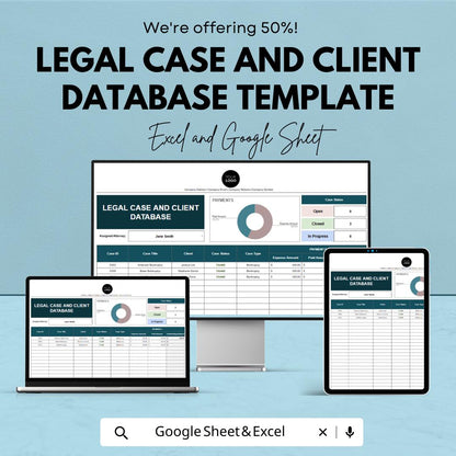Legal Case and Client Database Template, Law Firm Case Tracker, Attorney Client Management Spreadsheet, Legal Organizer, Excel Google Sheets