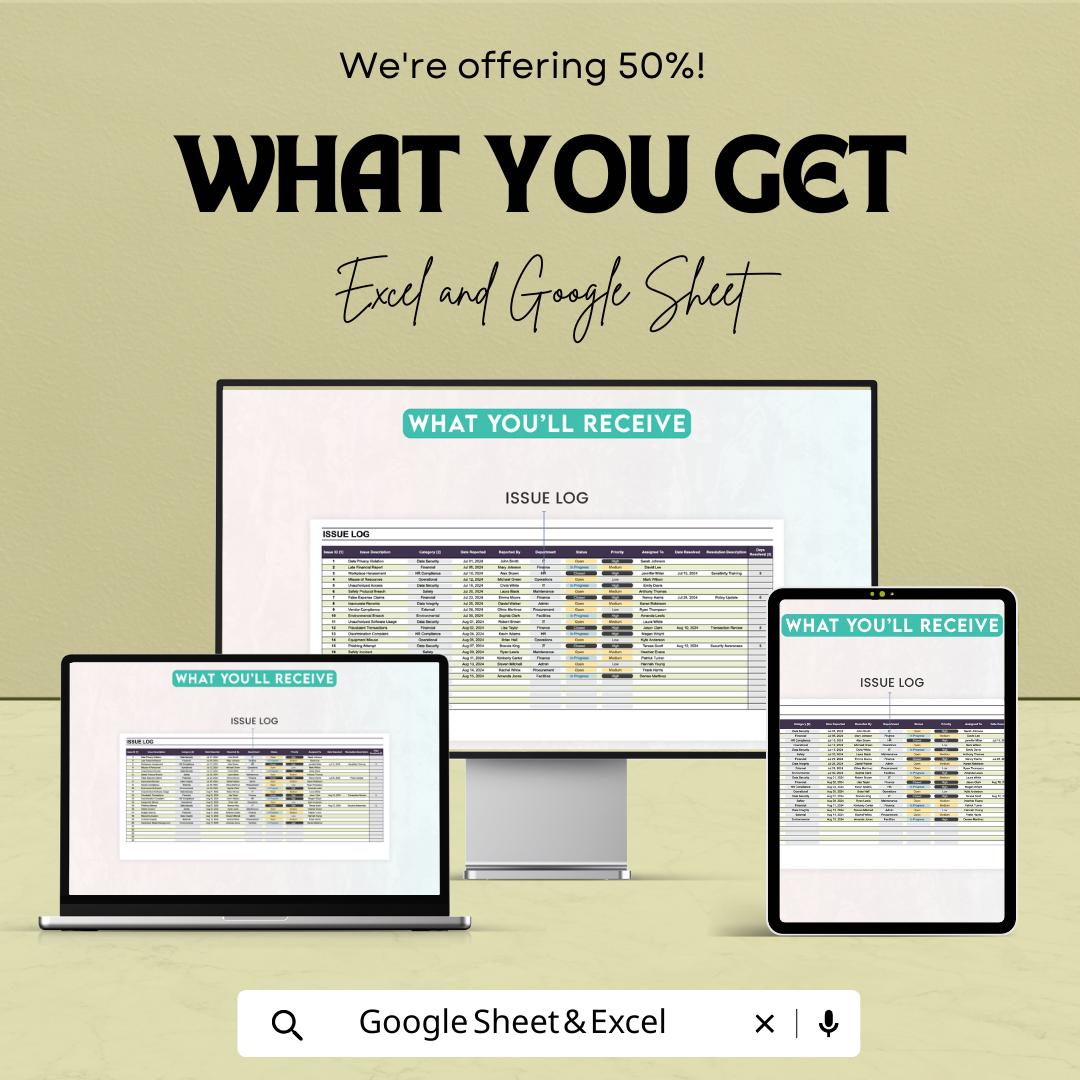 Administration Compliance Issue Tracking Template | Excel & Google Sheets | Compliance Tracker | Issue Log Spreadsheet | Audit Management