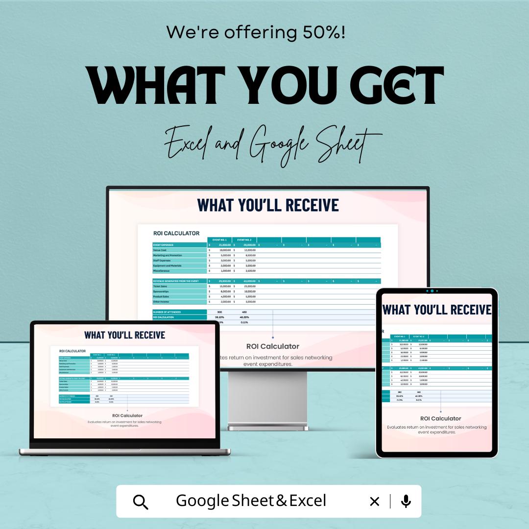 Sales Networking Event ROI Calculator Sheet - Excel and Google Sheets Template for Event Planning, Performance Metrics, & Cost Tracking