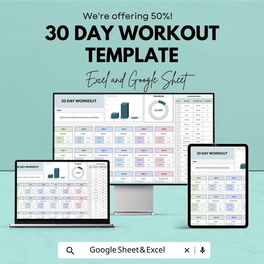 30 Day Workout Template | Fitness Tracker Spreadsheet | Gym Workout Planner | Exercise Log | Digital Fitness Planner | Workout Tracker
