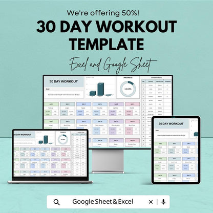 30 Day Workout Template | Fitness Tracker Spreadsheet | Gym Workout Planner | Exercise Log | Digital Fitness Planner | Workout Tracker