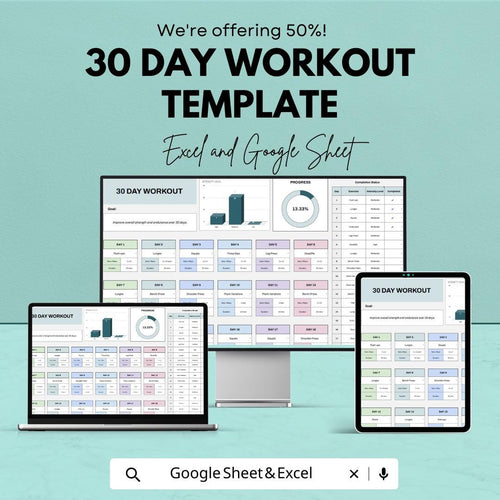 30 Day Workout Template | Fitness Tracker Spreadsheet | Gym Workout Planner | Exercise Log | Digital Fitness Planner | Workout Tracker