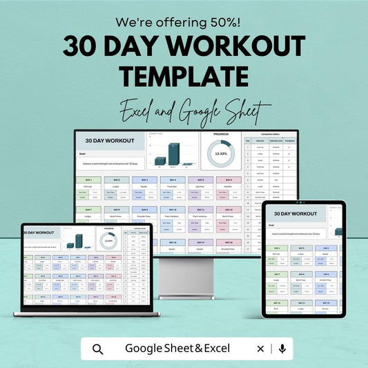 30 Day Workout Template | Fitness Tracker Spreadsheet | Gym Workout Planner | Exercise Log | Digital Fitness Planner | Workout Tracker